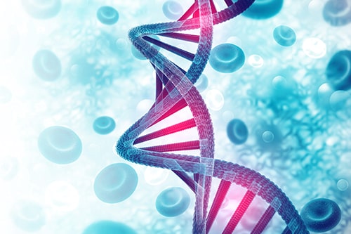 Computer-generated example of a DNA structure in the foreground with a blue-tinted image of red blood cells in the background